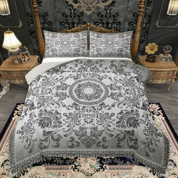 jejeloiu Ancient Boho Floral Queen Comforter Set,Victorian Baroque Damask Bedding Sets,White Gray Bedding Comforter Set For Girl,Super Cozy Room Decor Reversible,3pcs