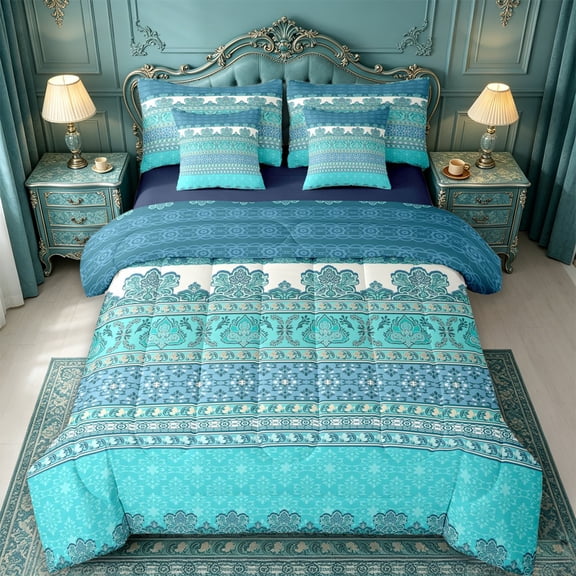 jejeloiu Ancient Border 7pcs Queen Bedding For Men Women,Coastal Print Bedding Comforter Set Queen,Teal Blue,Navy Blue Reversible