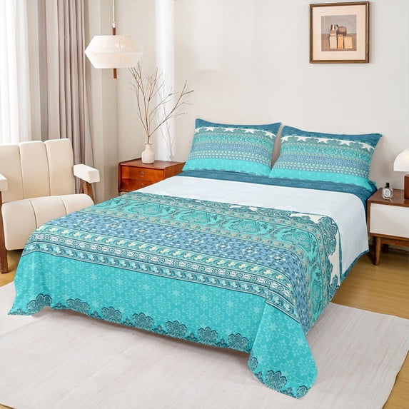 jejeloiu Ancient Border Queen Sheets For Men Women,Coastal Print Queen Sheet Sets,Teal Blue,4 Pieces,1 Flat Sheet, 1 Fitted Sheet and 2 Pillowcases