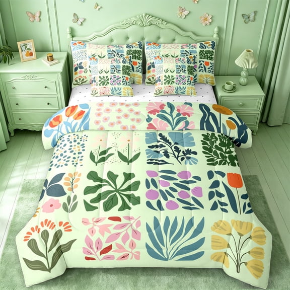 jejeloiu Ancient Botanical 7 Pieces Full Size Bedding Sets For Girls,Modern Print Full Size Bed in a Bag,Mint Multi Color,Reversible