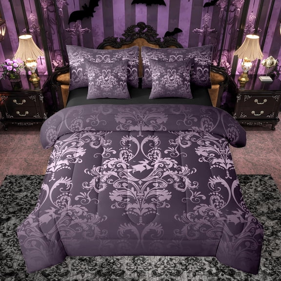 jejeloiu Ancient Damask Jacquard 7-Piece Bedding Comforter Set,Vintage Victorian Baroque King Bedding Sets,Halloween Witch Bed Sheets For Kids,Microfiber Bedroom Decor Reversible