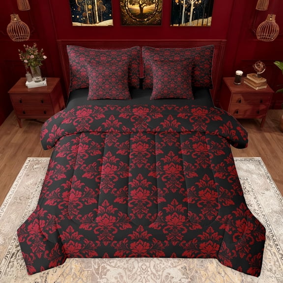 jejeloiu Ancient Damask Jacquard 7-Piece Bedding Comforter Set,Vintage Victorian Baroque King Bedding Sets,Red Black Bed Sheets For Kids,Microfiber Bedroom Decor Reversible