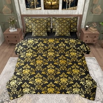 jejeloiu Ancient Damask Jacquard 7-Piece Twin Bedding Sets,Vintage Victorian Baroque Bedding Comforter Set,Gold Black Sheet Sets For Kids,Microfiber Bedroom Decor Reversible