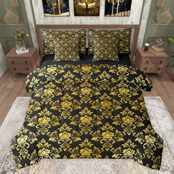 jejeloiu Ancient Damask Jacquard 7-Piece Twin Bedding Sets,Vintage Victorian Baroque Bedding Comforter Set,Gold Black Sheet Sets For Kids,Microfiber Bedroom Decor Reversible