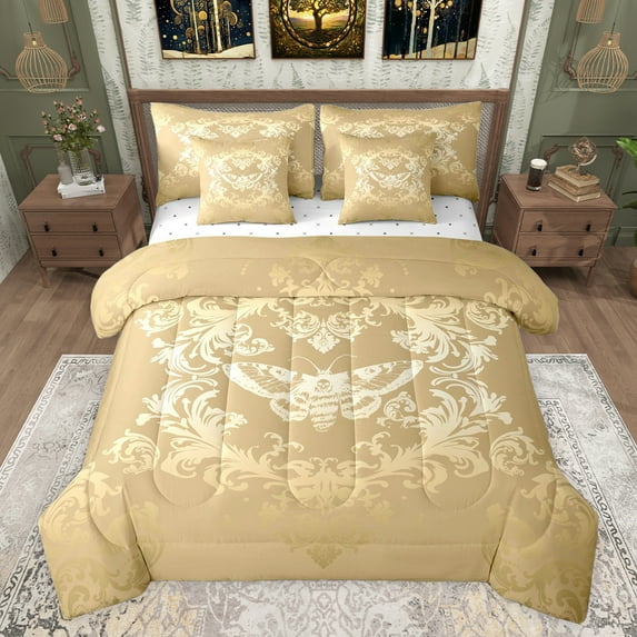 jejeloiu Ancient Damask Jacquard 7-Piece Twin Bedding Sets,Vintage Victorian Baroque Bedding Comforter Set,Gold Gothic Moth Skull Sheet Sets For Kids,Microfiber Bedroom Decor Reversible