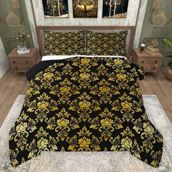 jejeloiu Ancient Damask Jacquard Bedding Comforter Set,Vintage Victorian Baroque Twin Comforter Sets,Gold Black Bedding Set For Kids,Microfiber Bedroom Decor Reversible,2pcs