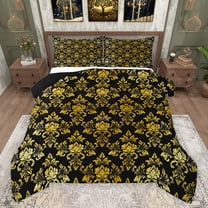 jejeloiu Ancient Damask Jacquard Bedding Comforter Set,Vintage Victorian Baroque Twin Comforter Sets,Gold Black Bedding Set For Kids,Microfiber Bedroom Decor Reversible,2pcs