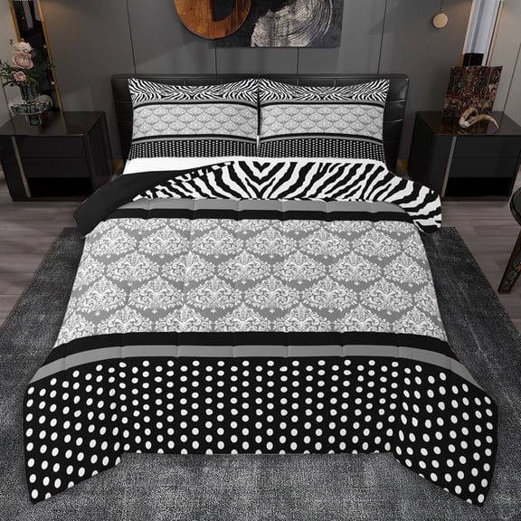 jejeloiu Ancient Damask Jacquard Queen Comforter Set,Gray Black Bedding Comforter Set For Girls Kids Reversible 3pcs