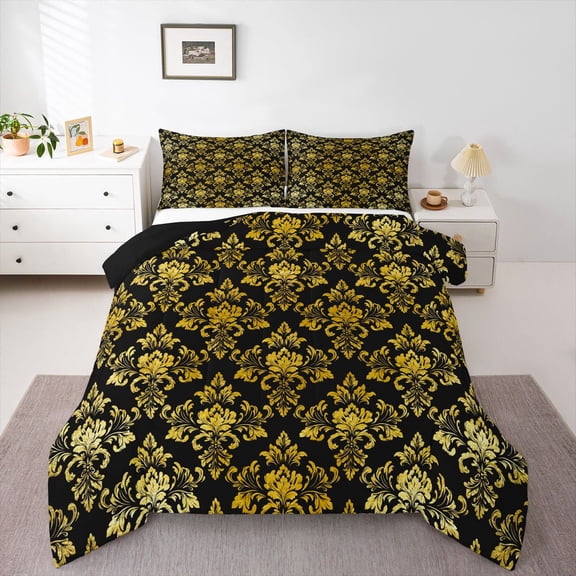 jejeloiu Ancient Damask Jacquard Queen Comforter Set,Vintage Victorian Baroque Bedding Sets,Gold Black Bedding Comforter Set For Kids,Microfiber Bedroom Decor Reversible,3 Pieces
