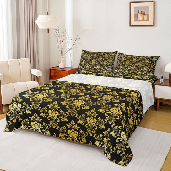 jejeloiu Ancient Damask Jacquard Queen Sheet Sets,Vintage Victorian Baroque Flat Sheet,Gold Black Queen Fitted Sheet For Kids,Microfiber Bedroom Decor,4 Pieces
