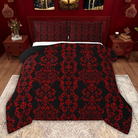 jejeloiu Ancient Damask Jacquard Twin Comforter Sets,Red Black Bedding Set For Girls Kids Reversible 2pcs