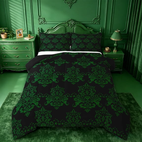 jejeloiu Ancient Damask Queen Comforter Set,Verdant Floral Comforter Sets Queen For Adults,Green Black,Black Reversible,3 Pieces,1 Comforter and 2 Pillowcases