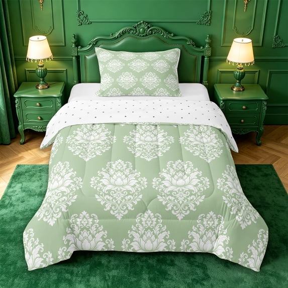jejeloiu Ancient Damask Twin Comforter Sets For Girls,Light Floral Bedding Set,Sage Green White,Reversible,2 Pieces,1 Comforter and 1 Pillowcase