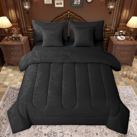 jejeloiu Ancient Damsk Pattern 7-Piece Bedding Comforter Set,Rustic Baroque Victorian King Bedding Sets,Gothic Flower Floral Bed Sheets For Bots Teens,Ultra Soft Home Decor Reversible