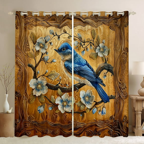 jejeloiu Ancient Flower Floral Curtains Pack of 2 (42x84 Each),Wild Flying Bird Curtains Blackout,Blue Brown Bedroom Curtains For Men Women,Ultra Soft Home Decor