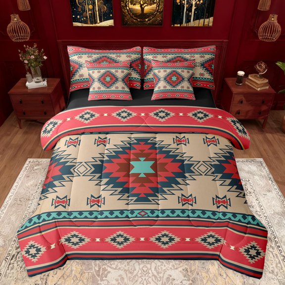 jejeloiu Ancient Geometric Rhombus 7-Piece Twin Bedding Sets,Boho Exotic Style Bedding Comforter Set,Rustic Aztec Triangle Sheet Sets For Adults,Super Cozy Room Decor Reversible