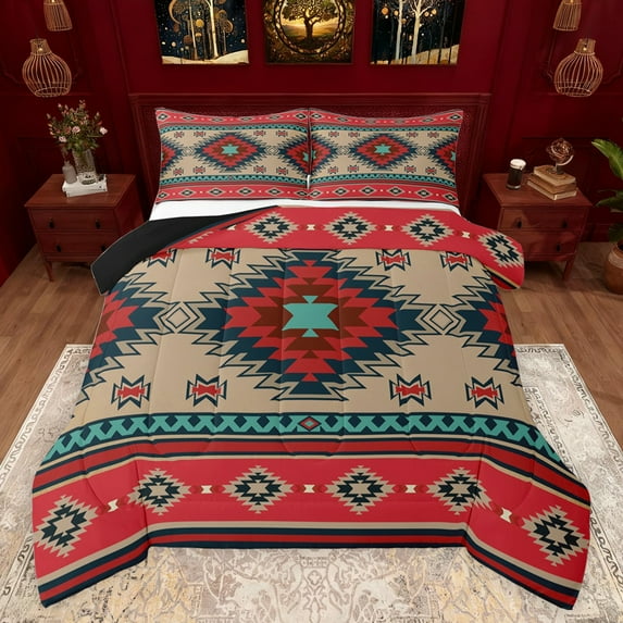 jejeloiu Ancient Geometric Rhombus Queen Comforter Set,Boho Exotic Style Bedding Sets,Rustic Aztec Triangle Bedding Comforter Set For Adults,Super Cozy Room Decor Reversible,3pcs