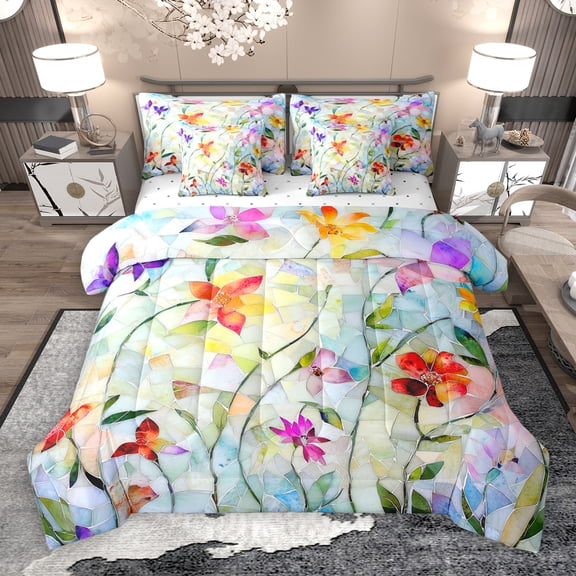 jejeloiu Ancient Glass 7-Piece Twin Bedding Sets,Rainbow Anstract Flower Bedding Comforter Set,Orange Purple Sheet Sets For Gurl Teens,Breathable Home Decor Reversible