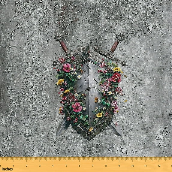 jejeloiu Ancient Shield Fabric by the Yard 1 Yard,Western Country Flower Home Decor Fabric by the Yard,Silver Green Pink Sewing Fabric,Microfiber Bedroom Decor