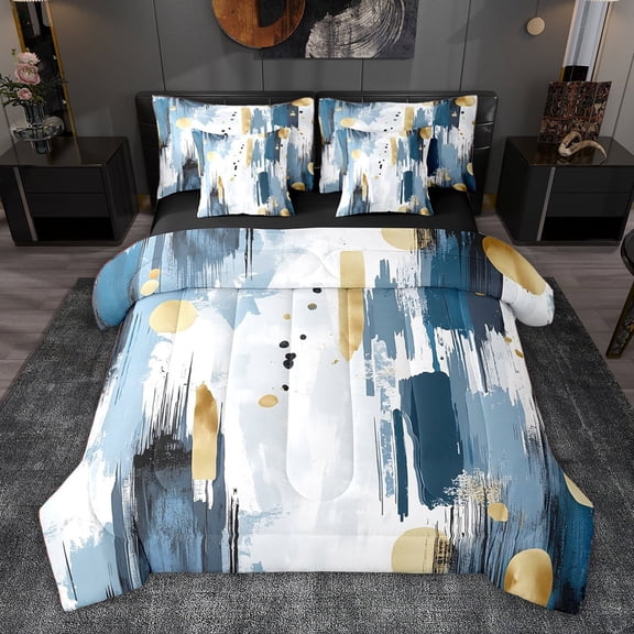 jejeloiu Ancient Splashing Ink 7-Piece Bedding Comforter Set,Blue White Gold King Bedding Sets For Men Women Reversible