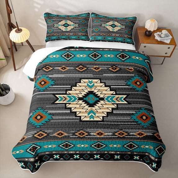 jejeloiu Ancient Tribal Bed Spread Queen,Bohemian Print Queen Coverlet Set For Boys,Teal Gray,3pcs