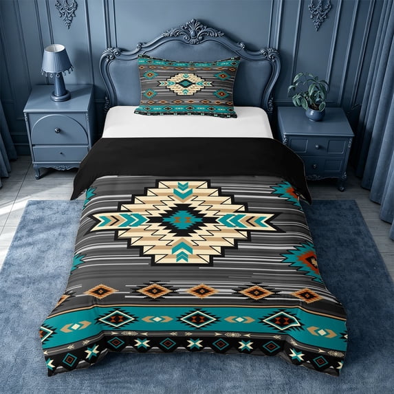 jejeloiu Ancient Tribal Twin Duvet Cover,Bohemian Print Twin Bedding For Boys,Teal Gray,Black Reversible,2 Pieces,1 Duvet Cover and 1 Pillowcase