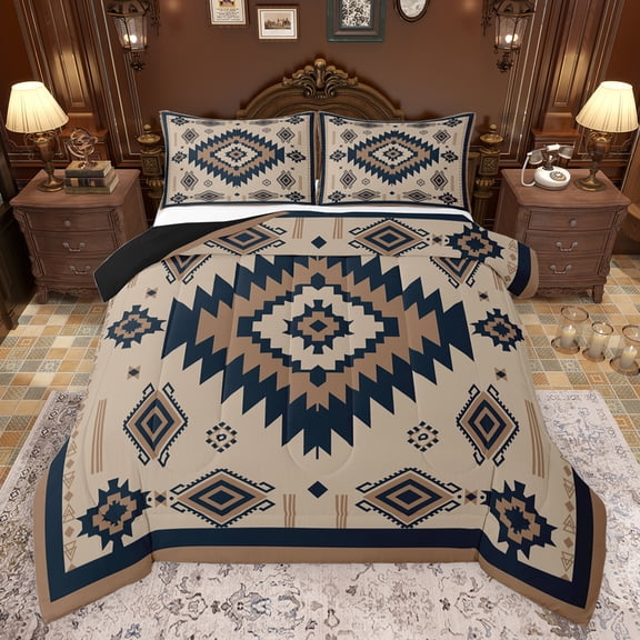 jejeloiu Ancient Western Tribal Bedding Comforter Set,Retro Aztec Geometric Twin Comforter Sets,Brown Blue Bedding Set For Adult,Microfiber Bedroom Decor Reversible,2-Piece