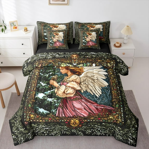 jejeloiu Angel Girl Bedding Comforter Set 7pcs,Colorful Boho Print Queen Bedding Sets,Rainforst Plant Tree Queen Sheet Sets For Children,Ultra Soft Home Decor Reversible