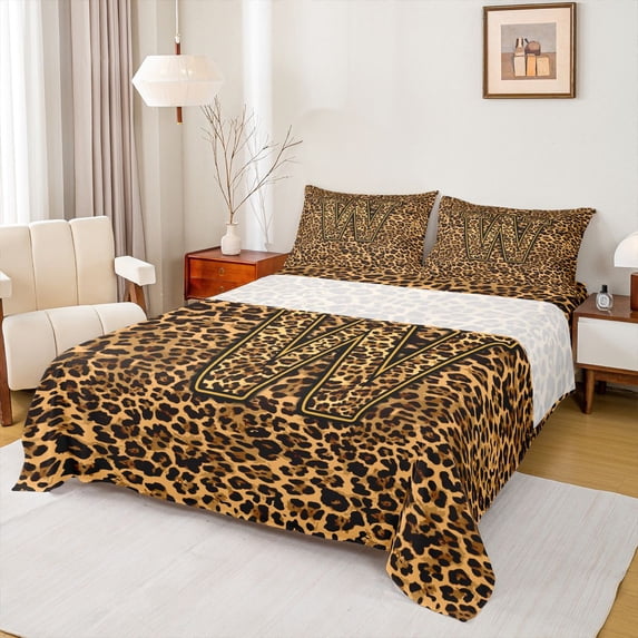 jejeloiu Animal Print Monogram W Full Size Sheets For Kids,Leopard Classic Initial Print Bed Sheets For Women,4-Piece