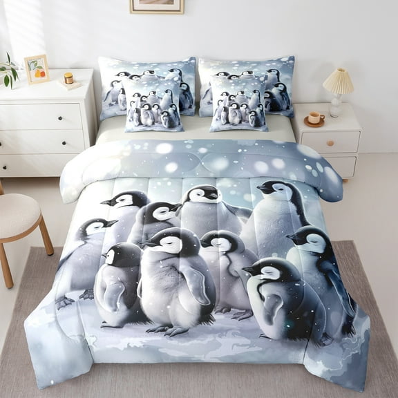 jejeloiu Antarctic Animal 7pcs Bedding Comforter Set,Kawaii Penguin Queen Bedding Sets,Gray White Queen Sheet Sets For Kids,Ultra Soft Home Decor Reversible