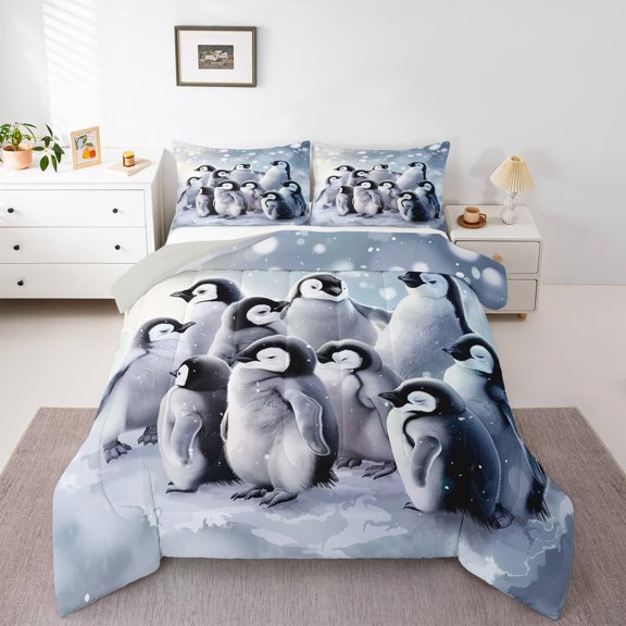 jejeloiu Antarctic Animal Queen Comforter Set,Kawaii Penguin Bedding Sets,Gray White Bedding Comforter Set For Kids,Ultra Soft Home Decor Reversible,3-Piece