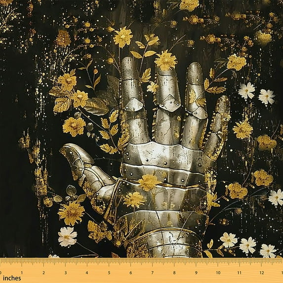 jejeloiu Armor Gloves Fabric by the Yard 1 Yard,Chic Flower Floral Home Decor Fabric by the Yard,Gold Black Sewing Fabric For Boys Teens,Breathable Home Decor