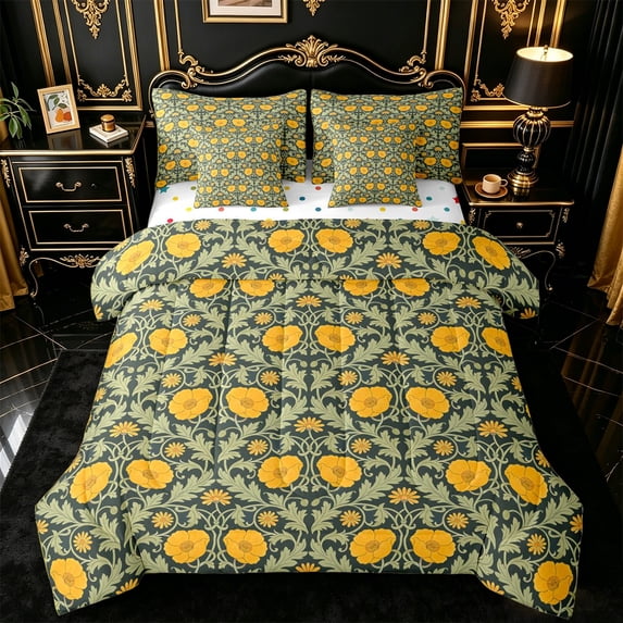 jejeloiu Art Floral 7 Pieces Full Size Bedding Sets For Girls,Whimsical Print Full Size Bed in a Bag,Green Yellow,Polkadot Reversible
