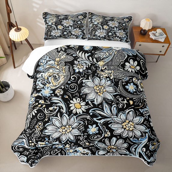 jejeloiu Artistic Floral Quilt King For Girls,Daisy Pattern King Coverlet Set,Black Blue,3pcs