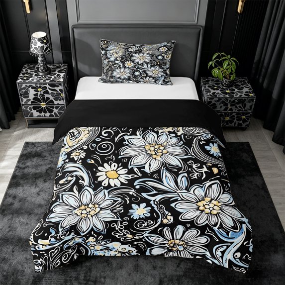 jejeloiu Artistic Floral Twin Duvet Cover For Girls,Daisy Pattern Twin Bedding,Black Blue,Black Reversible,2pcs,1 Duvet Cover and 1 Pillowcase