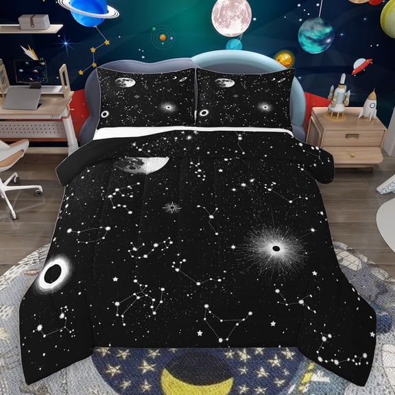 jejeloiu Astrology Theme Queen Comforter Set,Universe Starry Night Bedding Sets,Whiet Black Bedding Comforter Set For Girls Teens,Breathable Home Decor Reversible,3-Piece