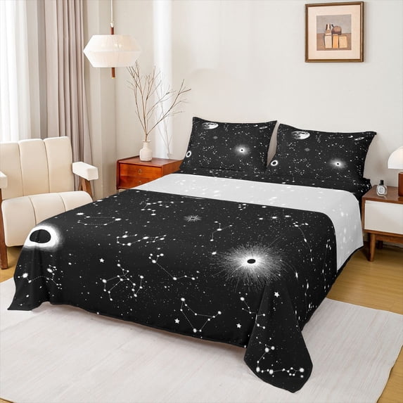 jejeloiu Astrology Theme Twin Sheet Sets,Universe Starry Night Twin Fitted Sheet,Whiet Black Flat Sheet For Girls Teens,Breathable Home Decor,3 Pieces