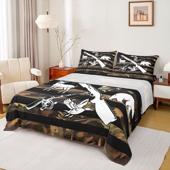 jejeloiu Autumn Fall Leaf Twin Sheet Sets,Jungle Animal Bear Twin Fitted Sheet,Wild Deer Mallard Flat Sheet For Boys,Super Cozy Room Decor,3pcs