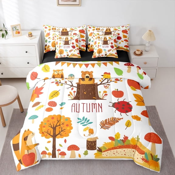 jejeloiu Autumn Fall Leaves Bedding Comforter Set 7-Piece,Cute Squirrel Ladybug King Bedding Sets,Boho Plant Tree Bed Sheets For Child,Luxury Bedroom Decor Reversible