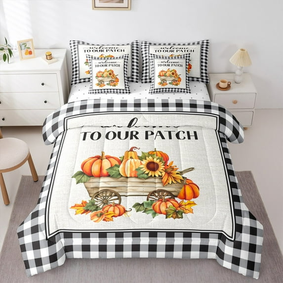 jejeloiu Autumn Fall Maples Bedding Comforter Set 7-Piece,Orange Pumpkin Sunflower King Bedding Sets,White Black Plaid Bed Sheets For Child,Ultra Soft Home Decor