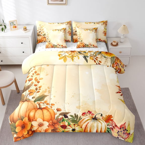 jejeloiu Autumn Fall Maples Twin Bedding Sets 7-Piece,Orange Pumpkin Flower Bedding Comforter Set,Rustic Floral Sheet Sets For Child,Ultra Soft Home Decor Reversible