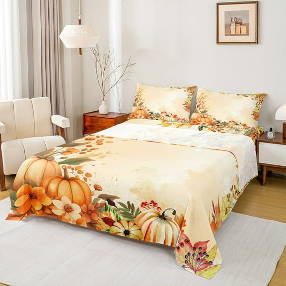 jejeloiu Autumn Fall Maples Twin Sheet Sets,Orange Pumpkin Flower Twin Fitted Sheet,Rustic Floral Flat Sheet For Child,Ultra Soft Home Decor,3-Piece