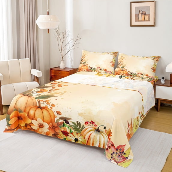 jejeloiu Autumn Fall Maples Twin Sheet Sets,Orange Pumpkin Flower Twin Fitted Sheet,Rustic Floral Flat Sheet For Child,Ultra Soft Home Decor,3-Piece