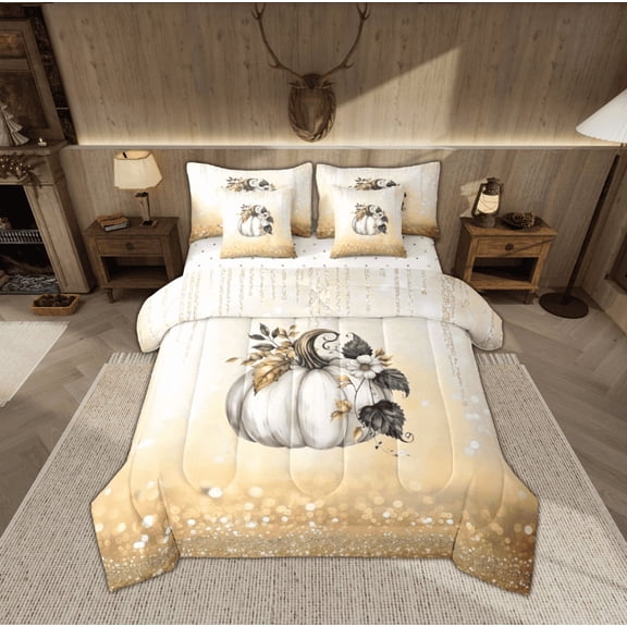 jejeloiu Autumn Fall Pumpkin Bedding Comforter Set 7 Pieces,Rustic Leaves Full Bedding Set,Gold Bling Print Fitted Sheet Flat Sheet For Children,Breathable Home Decor