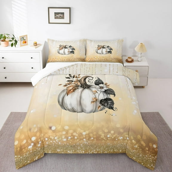 jejeloiu Autumn Fall Pumpkin Bedding Comforter Set,Rustic Leaves Twin Comforter Sets,Gold Bling Print Bedding Set For Children,Breathable Home Decor,2pcs