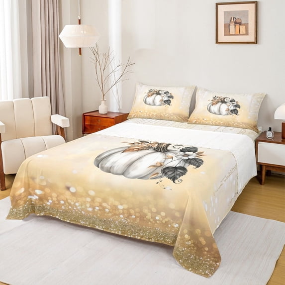 jejeloiu Autumn Fall Pumpkin Twin Sheet Sets,Rustic Leaves Twin Fitted Sheet,Gold Bling Print Flat Sheet For Children,Breathable Home Decor,3pcs