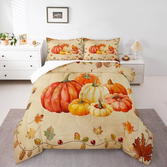 jejeloiu Autumn Harvest Full Size Comforter Sets,Orange Pumpkin Maples Bedding Comforter Set,Rustic Farmhouse Cabin Bedding Sets,Ultra Soft Room Decor,3-Piece
