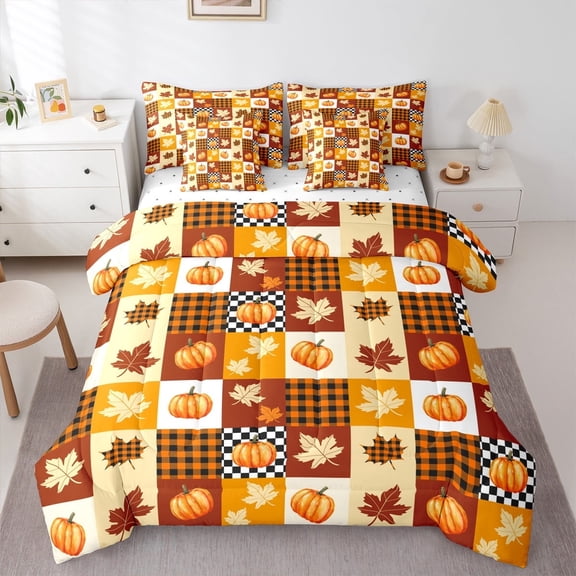 jejeloiu Autumn Harvest Pumpkin Bedding Comforter Set 7-Piece,Fall Maples Leaves King Bedding Sets,Geometric Plaid Bed Sheets For Children,Luxury Bedroom Decor Reversible