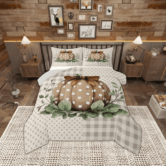 jejeloiu Autumn Harvest Pumpkin Bedding Comforter Set,Brown Bowtie Bowknot Twin Comforter Sets,Geometruc Dot Plaid Bedding Set,Super Cozy Room Decor Reversible,2-Piece