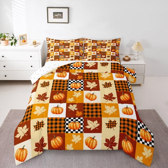 jejeloiu Autumn Harvest Pumpkin Bedding Comforter Set,Fall Maples Leaves Twin Comforter Sets,Geometric Plaid Bedding Set For Children,Luxury Bedroom Decor Reversible,2 Pieces